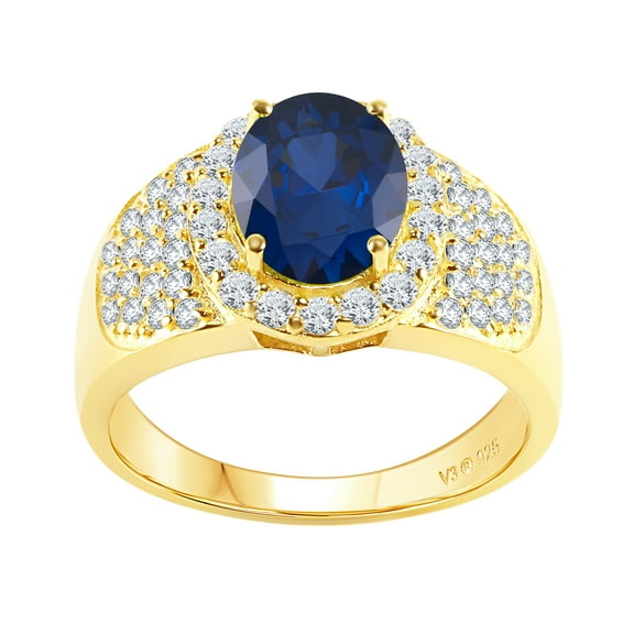 V3 Jewelry® 18KT Gold Over Sterling Silver with Blue Sapphire and Natural White Topaz Halo Ring for Women