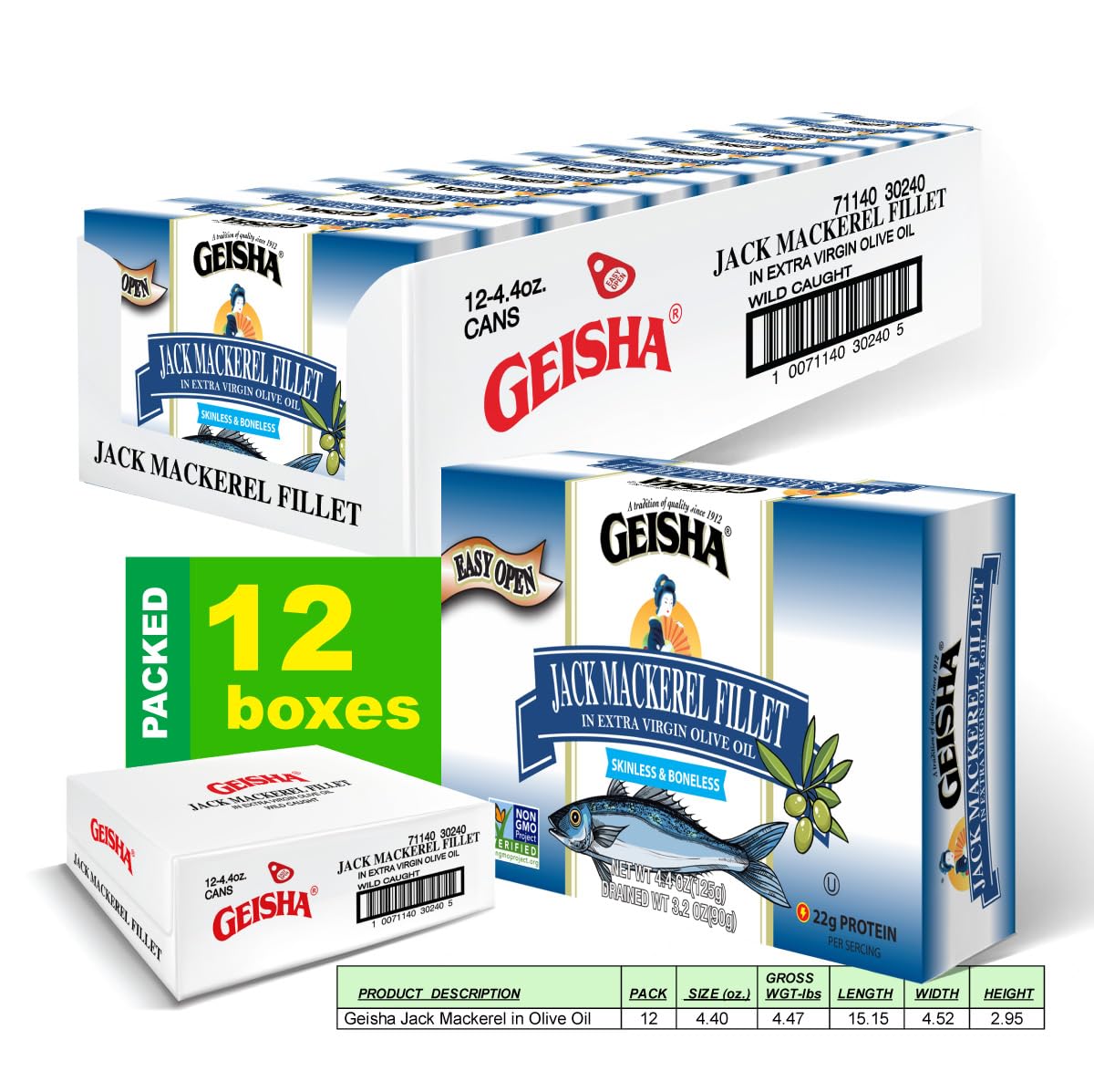 GEISHA Jack Mackerel Fillet In Extra Virgin Olive Oil 4.4oz (Pack of 12)| Omega-3, NON-GMO,22g Protein,Kosher,Extra Virgin Olive Oil,Product of Chile,Zero Trans Fat,No Sugar Added,Wild Caught