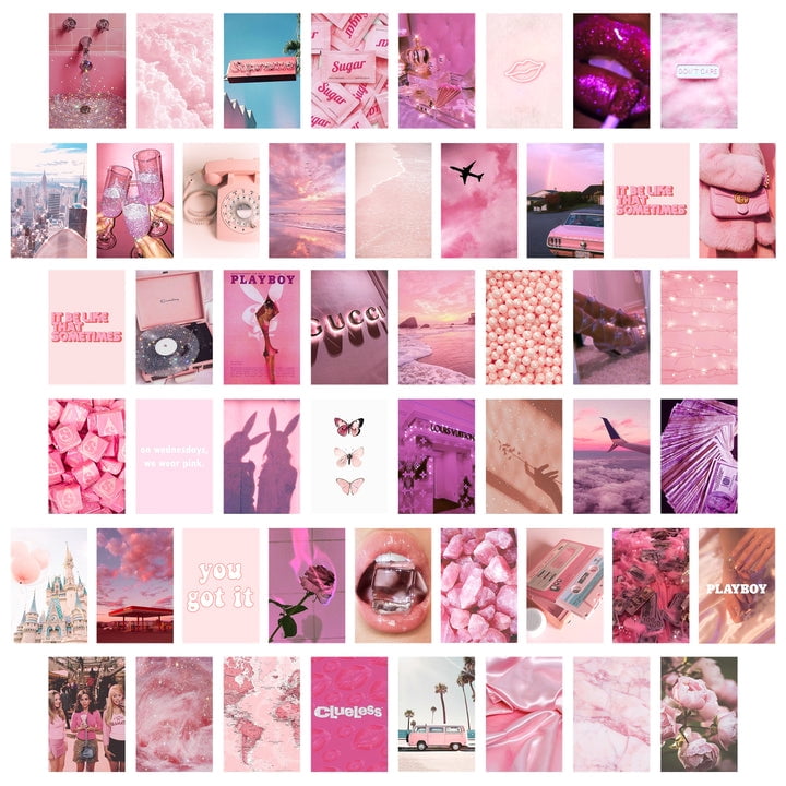 50PCS Pink Aesthetic Wallpapers, Rosy Collage Print Kit, Wall Art Prints  for Room, VSCO Posters for Girls 