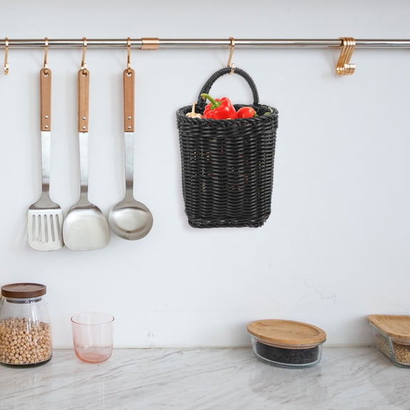 WEUVEB Decorative Black Wall Hanging Flower Basket with Woven Texture for Kitchen Use