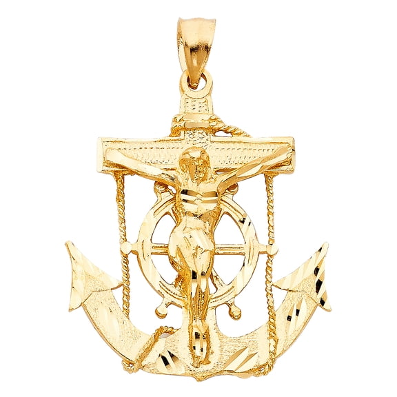 Wellingsale 14K Yellow Gold Polished Diamond Cut Ornate Religious Mariner Anchor Catholic Crucifix Pendant