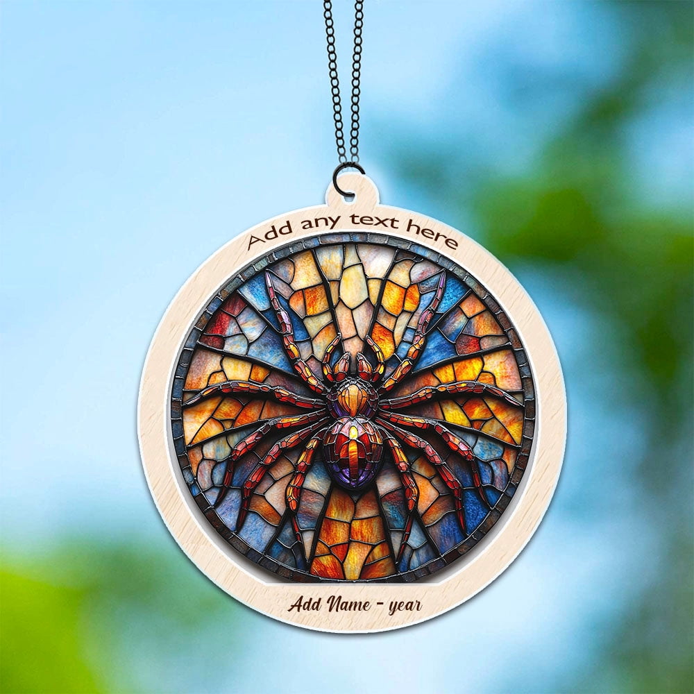 Jumping Spider Stained Glass Suncatcher Ornament – Text Christmas 2025 Tree Decoration Gift for Family, Friends, Man & Woman