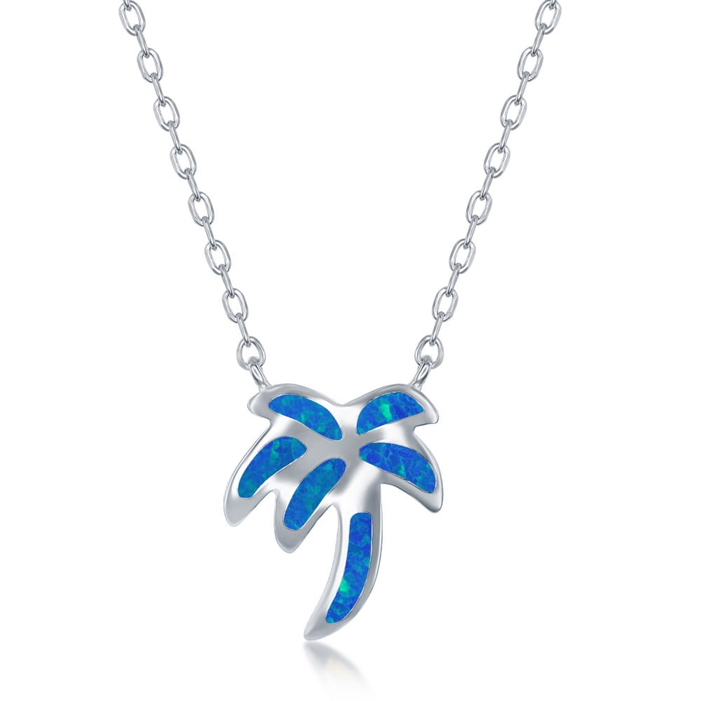 Sterling Silver Blue Topaz Palm Tree Wave Pendant w/ 18" Sterling Chain 
