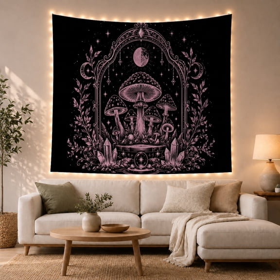 Pink Mushroom Altar Under Moon and Stars Mystical Gothic Art for Mushroom Lovers Witchy Room Decor Halloween Gift Tapestry Wall Hanging for Bedroom, Living Room and Dorm