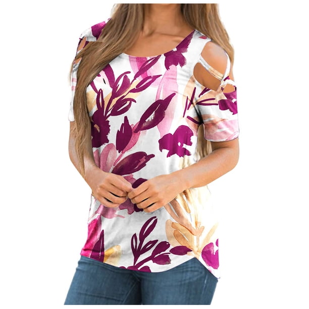 Blusa suelta de manga corta con cuello redondo y estampado a la moda para mujer Pompotops hfajkhk129007