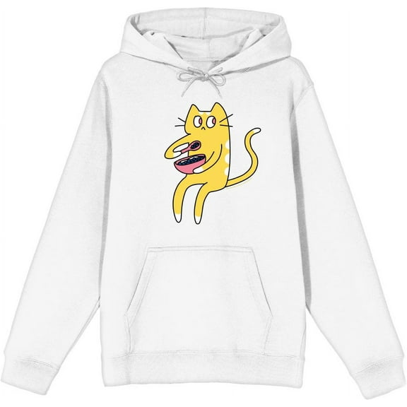 Derpy Kitty Cat With Pink Bowl Adult White Long Sleeve Hoodie-3XL
