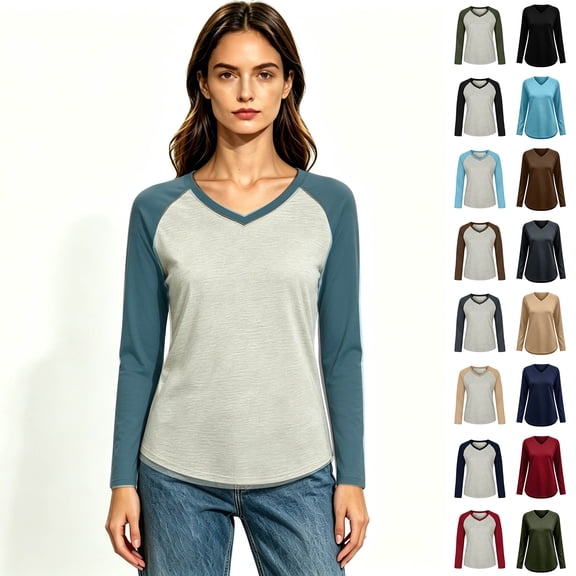 Women's Color Block V-Neck Long Sleeve Curved Hem T-Shirt, Everyday Stretch Basic Layering Long Sleeve Top, Women's ,Size S-2XL