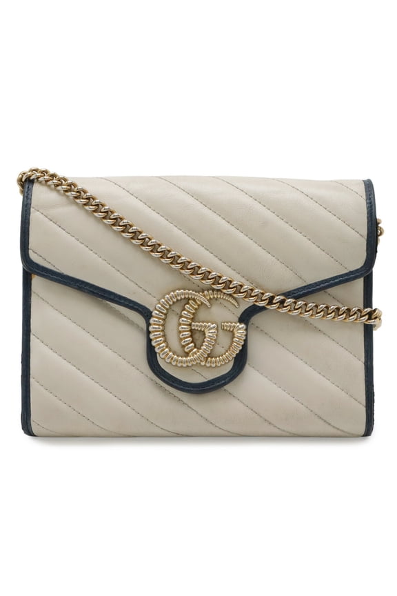 Pre-Owned GUCCI GG Marmont Wallet Chain Shoulder Bag Pouch Clutch Quilted Leather Ivory White...