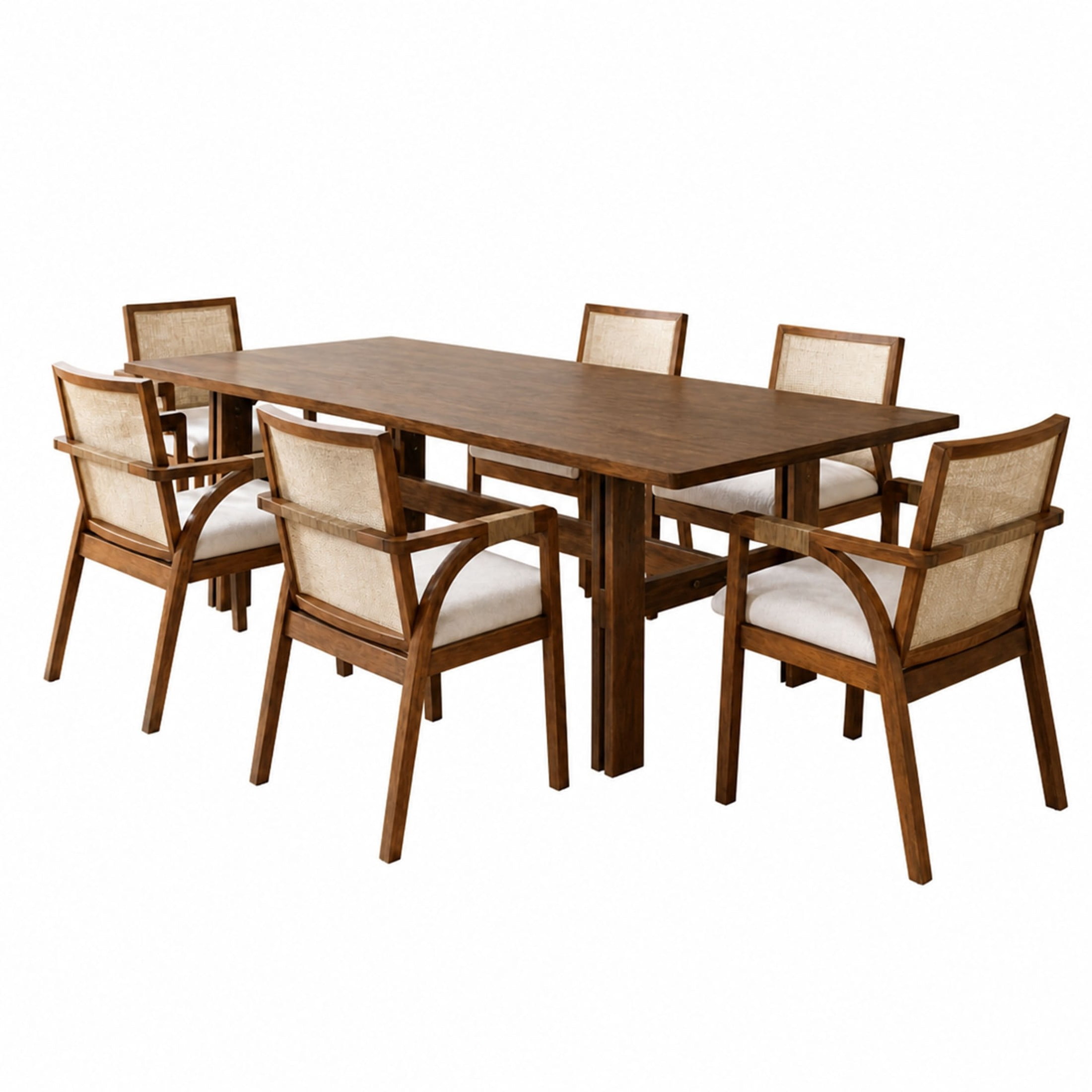 Christopher Knight Home 7-Piece Mid-Century Dining Set, 71" Table with Textilene Back Chairs, Walnut+Beige