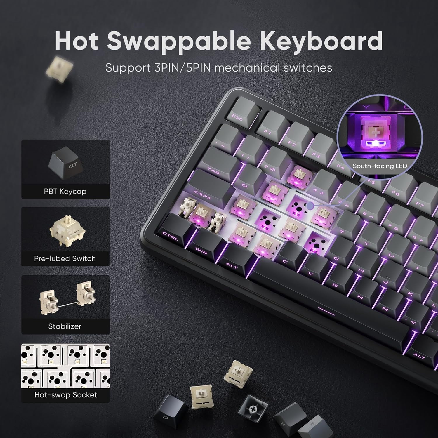 Hot Swappable 75% Wireless Mechanical Gaming Keyboard with Knob, RGB Backlit, Linear Switches, Side Engraved PBT Keycaps, Wireless/Wired/BT 5.0, Gradient Gray