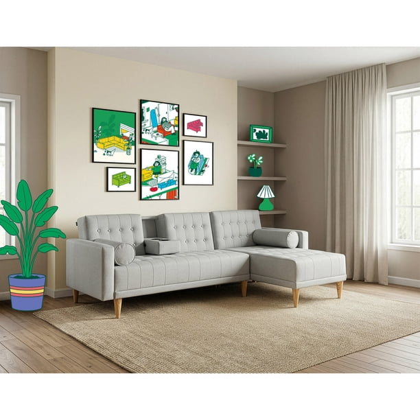 Sala Modular Reversible Makora Tyson Con Memory Foam, Color Gris Claro, Lino Respaldo Reclinable De 3 posiciones.
