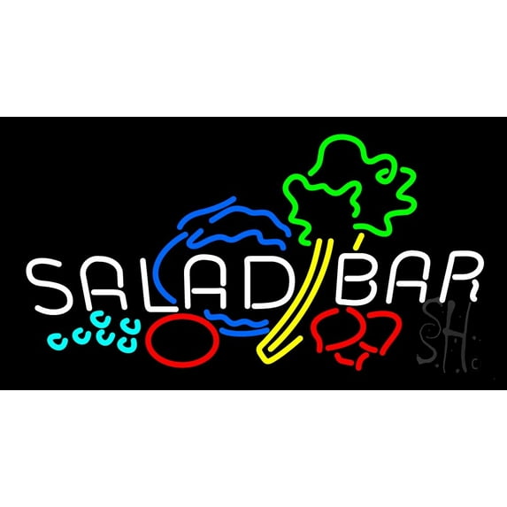 Salad Bar With Veggies In Between LED Neon Sign 20 x 37 - inches, Black Square Cut Acrylic Backing, with Dimmer - Bright and Premium built LED Neon Sign for restaurant window and interior decor.