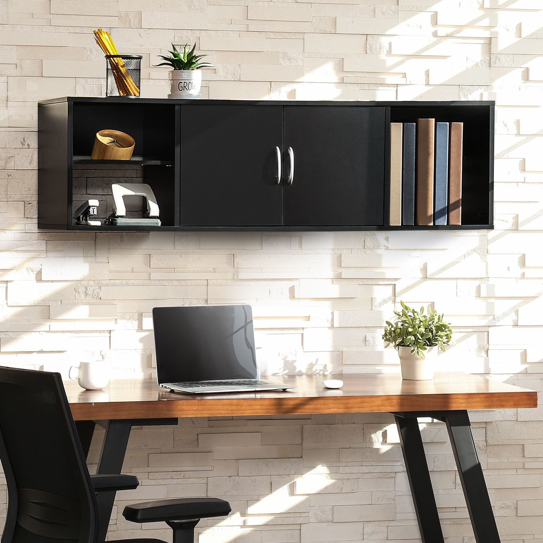 FITUEYES Wall Mounted Desk Hutch with Door, Modern Floating Console