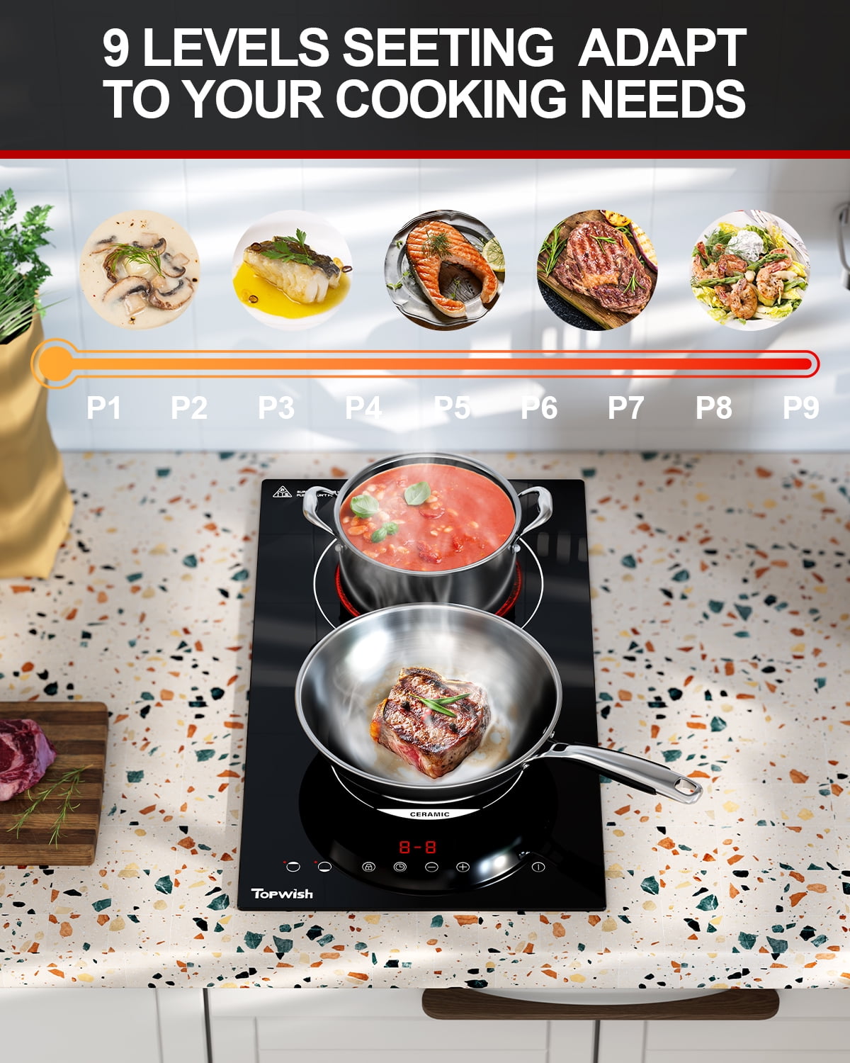 TOPWISH 12" 2-Burner Electric Cooktop, Built-In Ceramic Stove Top, 1800W, 110–120V Plug-In, Touch Control, 9 Power Levels, Timer, Child Lock & Overheat Protection