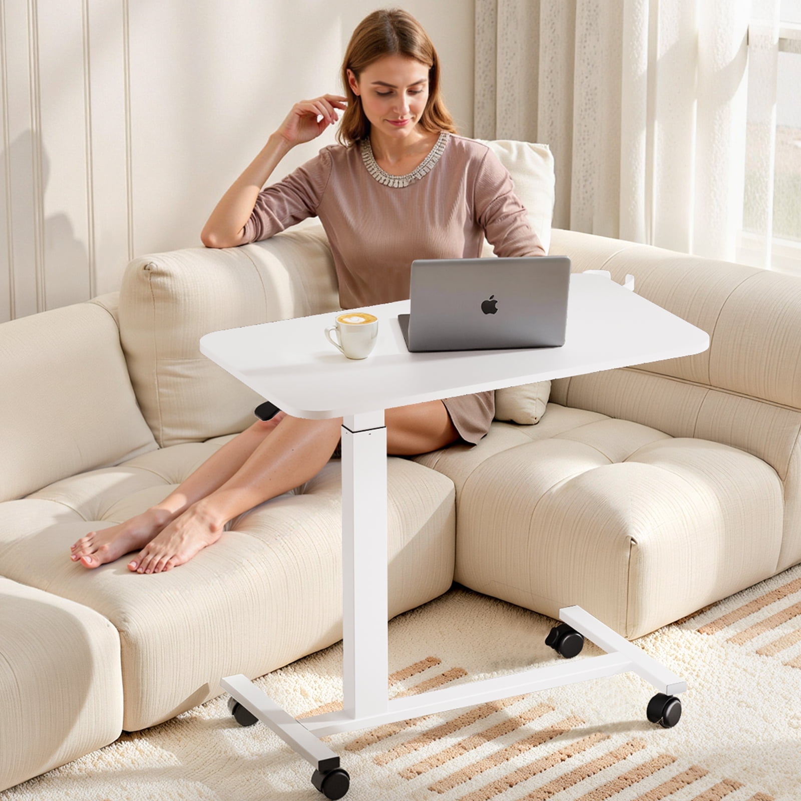 EXRACING Pneumatic Standing Overbed Desk with Lockable Wheels, Height Adjustable Rolling Laptop Table for Home & Hospital, Black