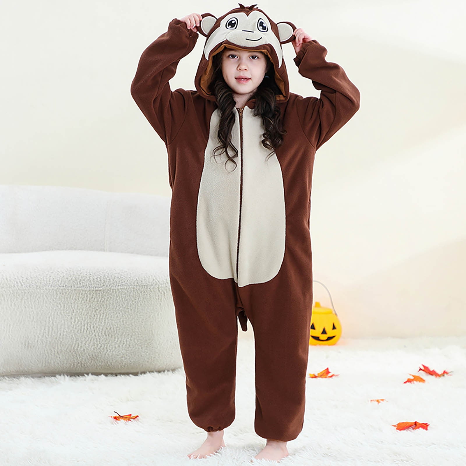 YUEHUA Kids Onesie Animal One Piece Pajamas Christmas Monkey Cos-tume Girls Boys Fleece Hooded Onesie Pajamas Cute Fuzzy Sleepwear Winter Warm Romper Outfits, 11-12 Years