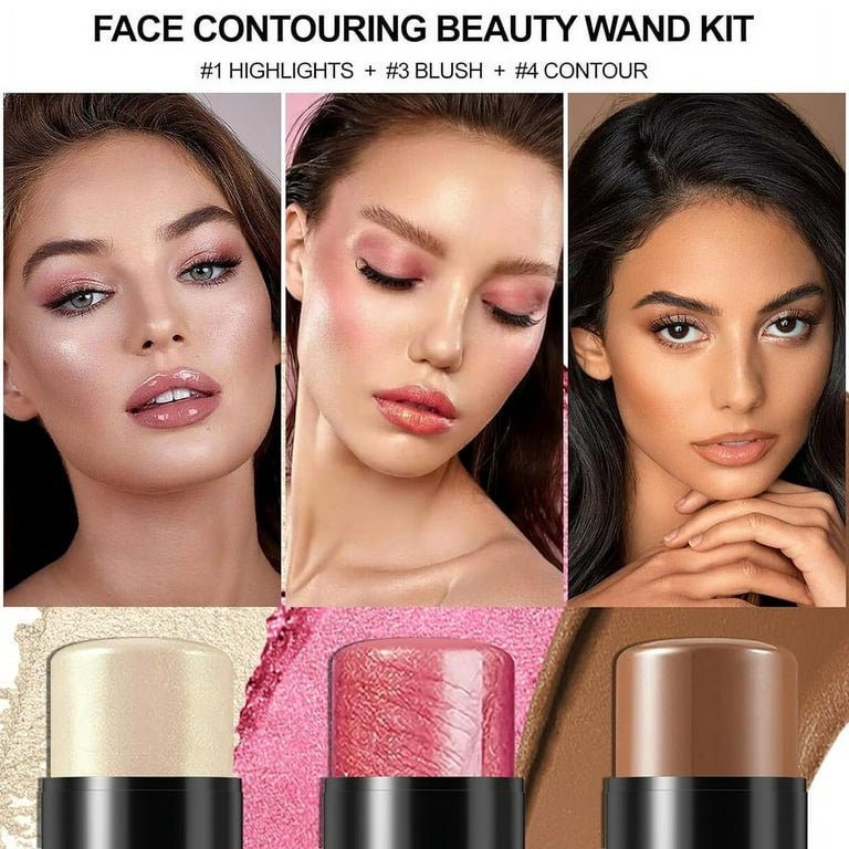 Contour Stick, Highlight Stick, Blush Stick, Cream Contour Kit with Brush,  Create Face Contour, Non-greasy, Waterproof Long-lasting Effect