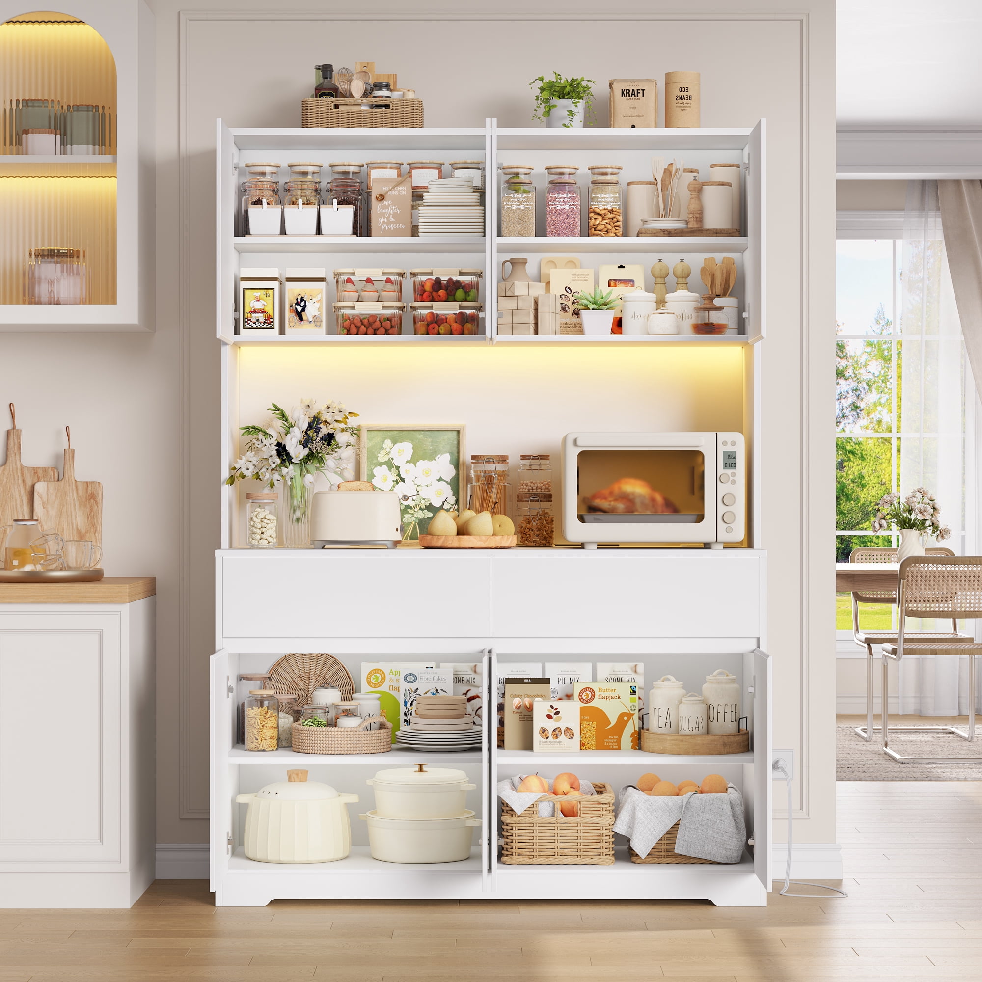Hiphuta 71"Tall Modern Pantry Cabinet with Charge Station & Led Light, Freestanding Kitchen Hutch Cabinet for Dining Room, White