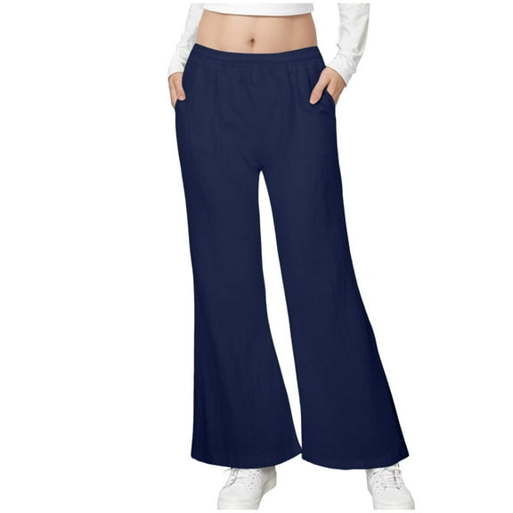 newwalpole Girls High Waisted Uniform Pants Kids Wide Leg Dress Pants Casual Trousers with Pockets Dark Blue for 7-8 Years