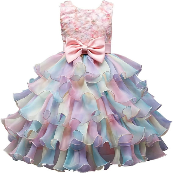 Little Girl Flower Rainbow Princess Tutu Dress Ruffle Tulle Wedding Birthday Pageant Party Formal Ball Gown