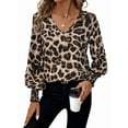 thumbnail image 2 of Womens Leopard Print V Neck Long Lantern Sleeve Shirred Blouse Shirt Tops Brown XL, 2 of 10