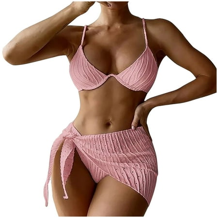 Fesfesfes Women Bikini Set Solid Color High Waist Thong Bottom Swimwear Sexy Scoop Neck Bathingsuit with Beach Towel Beachwear Bikini Set Gifts for Her