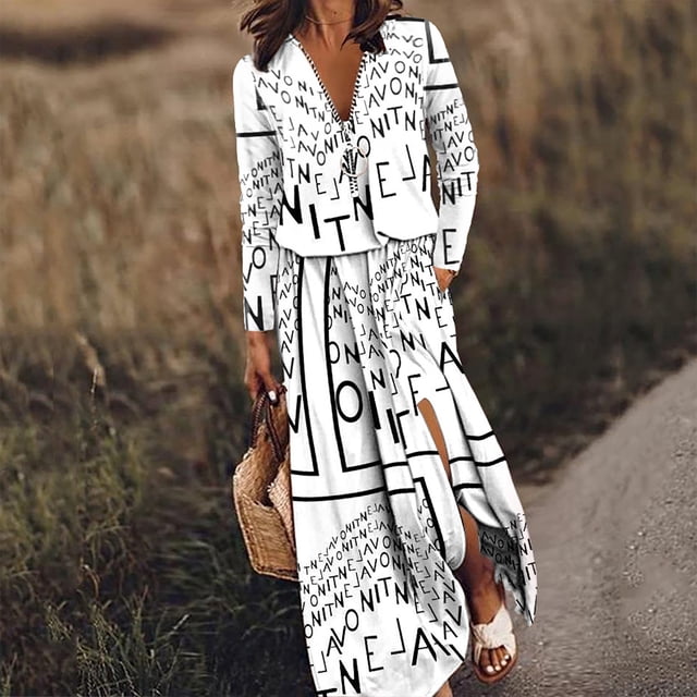 EGNMCR Robes de Vacances pour Femmes Robe Longue d'Été Imprimée Col en V Fendue