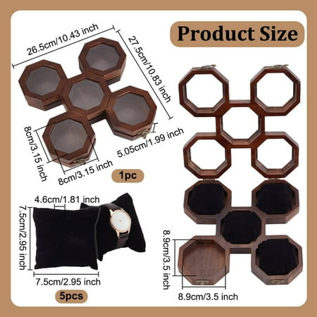 5 Slots Wooden Watch Organizer Visible Window Watch Boxes with 5Pcs Watch Pillow Brown Watch Display Case Organizer Watch Storage with Glass Lid Watch Holders Watch Presentation Box