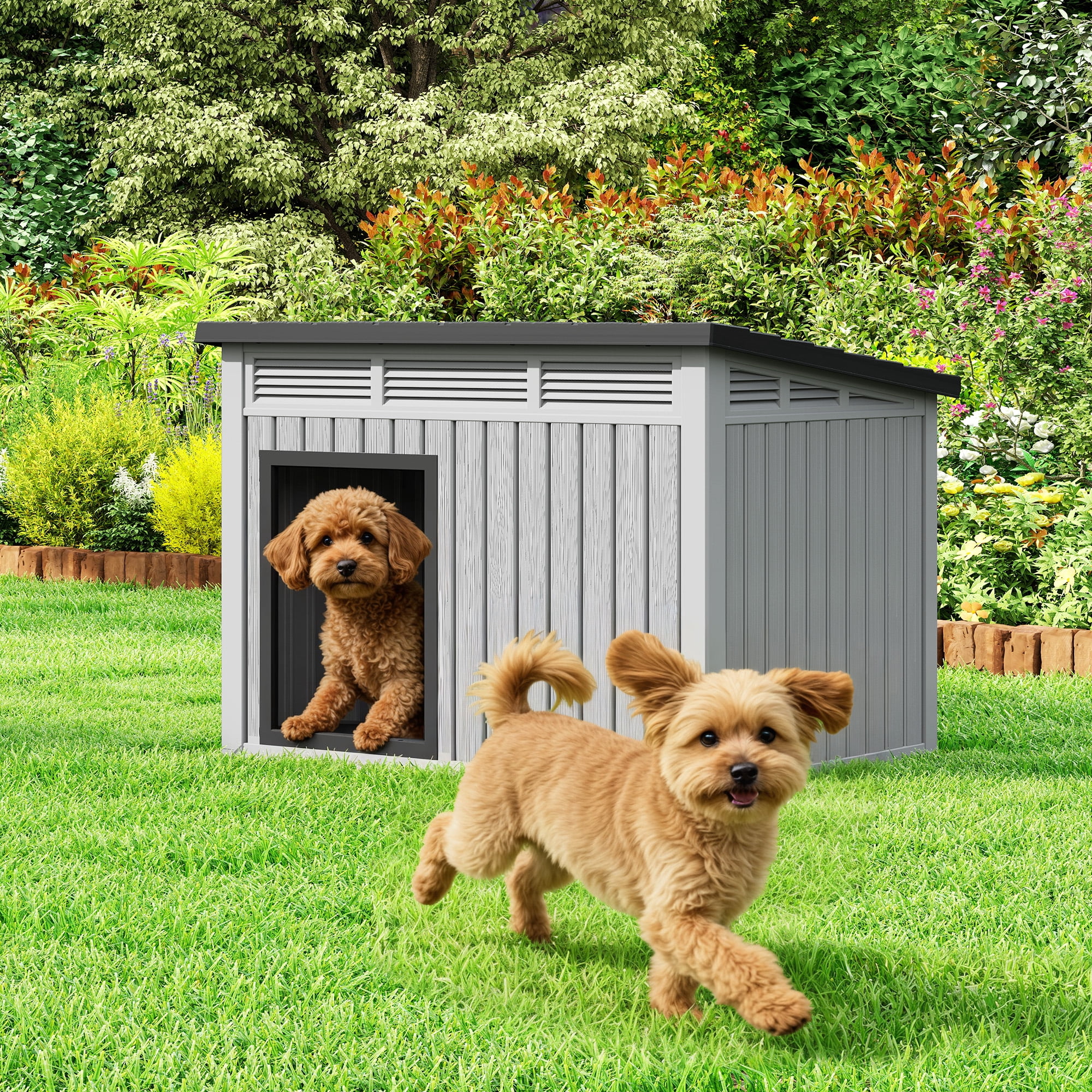 Nihsuao Waterproof Dog House for Small to Medium Dogs, Indoor Outdoor PP Kennel with Ventilated Design & Removable Roof, Easy to Clean, Gray, 31.2"L x 23.6"W x 21.6"H