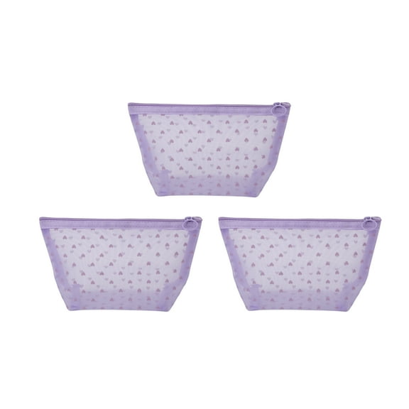 3 Pcs Mesh Flocking Heart Pattern Makeup Bag for Vacation Business Travel Purple Mesh Fabric