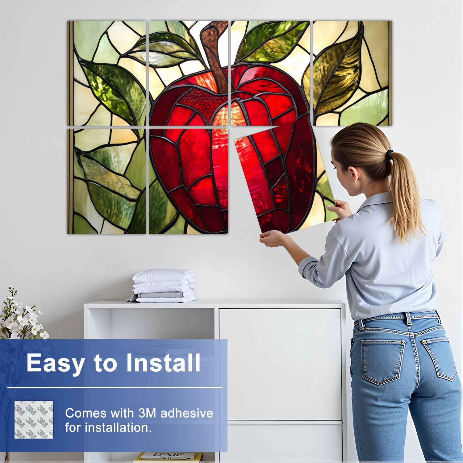 Stained Glass Style 8 Pack Art Acoustic Panels Sound Absorbing Red Apples Decorative Soundproof Wall Panels Self Adhesive for Nursery Game Room Bedroom 48"x32"