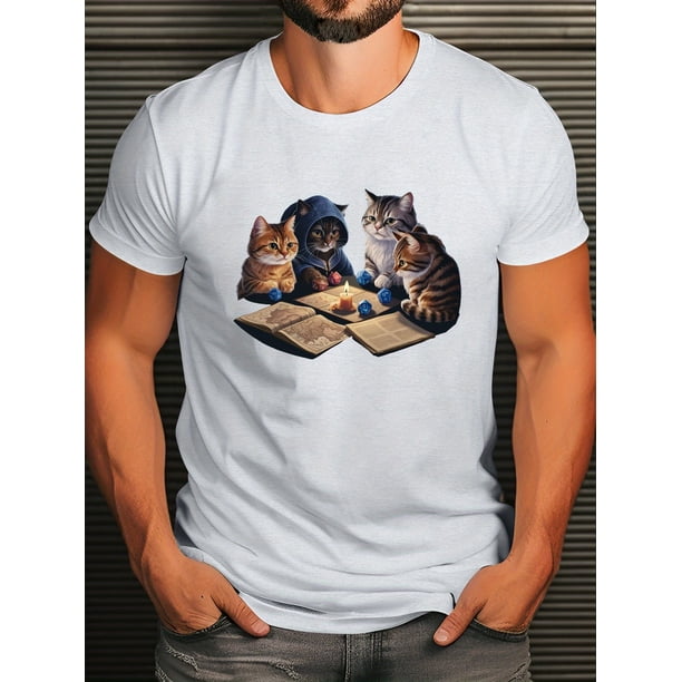 Regular Size Men's Graphic Tee - Relaxed Fit, Crew Neck, Slight Stretch, Breathable Cotton, Summer Casual Wear with Whimsical Cats Playing Dungeons Dragons Print - Fun, Unique Gift for Adults