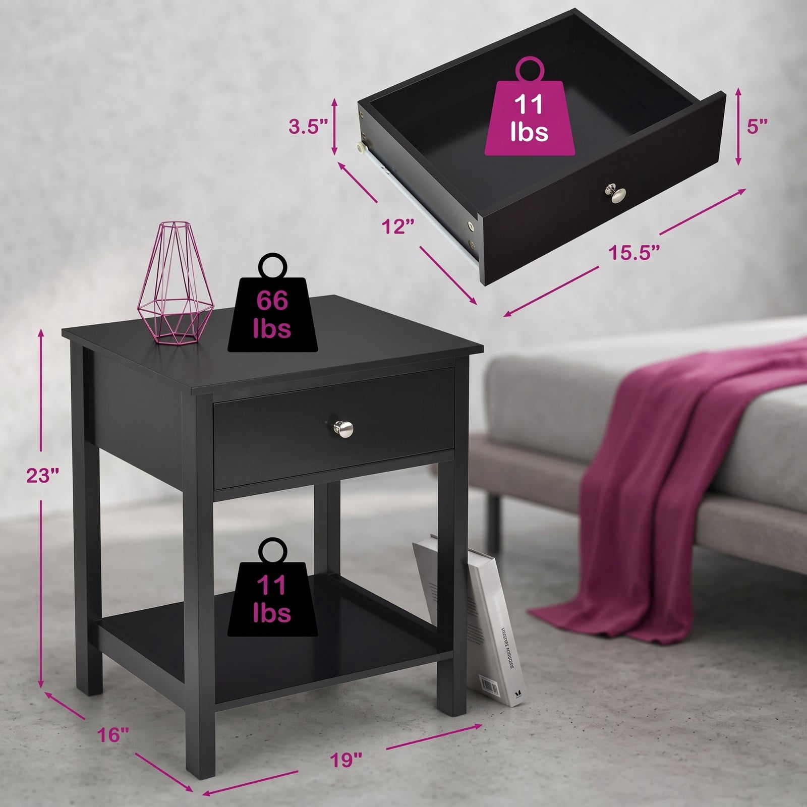 Furnibear Wooden Nightstand with Drawer and Open Bottom Shelf Bedside Table for the Bedroom Living Room and Entryway, Black