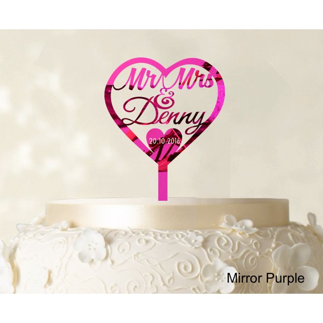 Personalized Mr And Mrs Wedding Cake Topper With Date And Heart Cake Decorations Color Option Available 5.5-6.5 Inches Wide