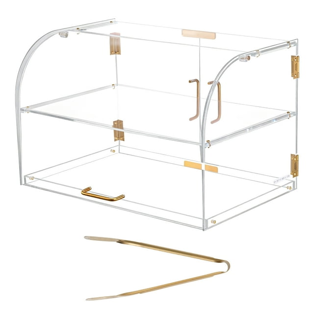 KFFKFF Bakery Display Case, 2-Tier Commercial Countertop Pastry Display Case, Clear Acrylic Bread Box for Kitchen, Party Cake Cabinet with Magnetic Rear Door, 22" x 14" x 14"