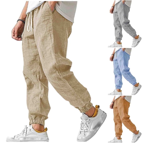 QSXADF Men's Casual Jogger Pants Loose Drawstring Pants Drawstring Elastic Waist Tapered Joggers Linen Blending Breathable Lightweightful Pants Trousers Mens Casual Trousers