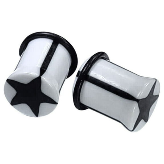 Pair of Ear Plugs Acrylic O-ring Black Star Design - Different gauges available