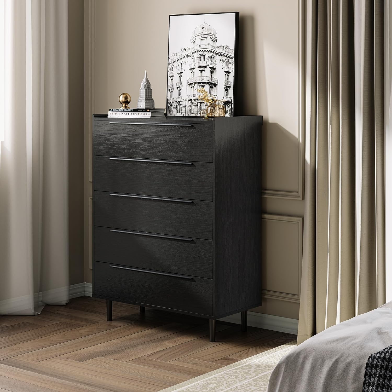 Modern Tall Black 5-Drawer Dresser, 48" Height Storage Cabinet with Metal Handles for Bedroom, Hallway or Living Room
