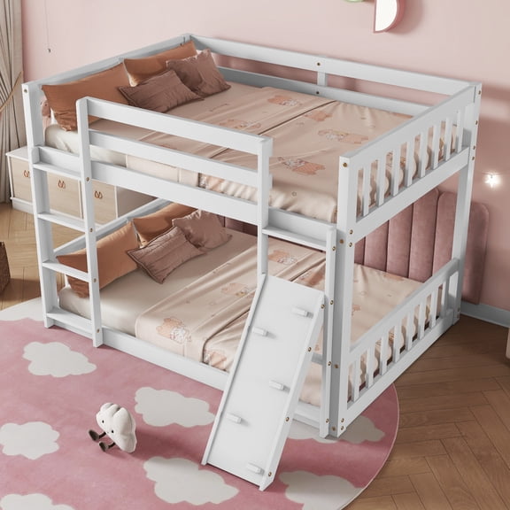 Hassch Twin over Twin Size Floor Bunk Bed with Climbing Ramp, Built-in Ladder and Full-Length Guardrail, White