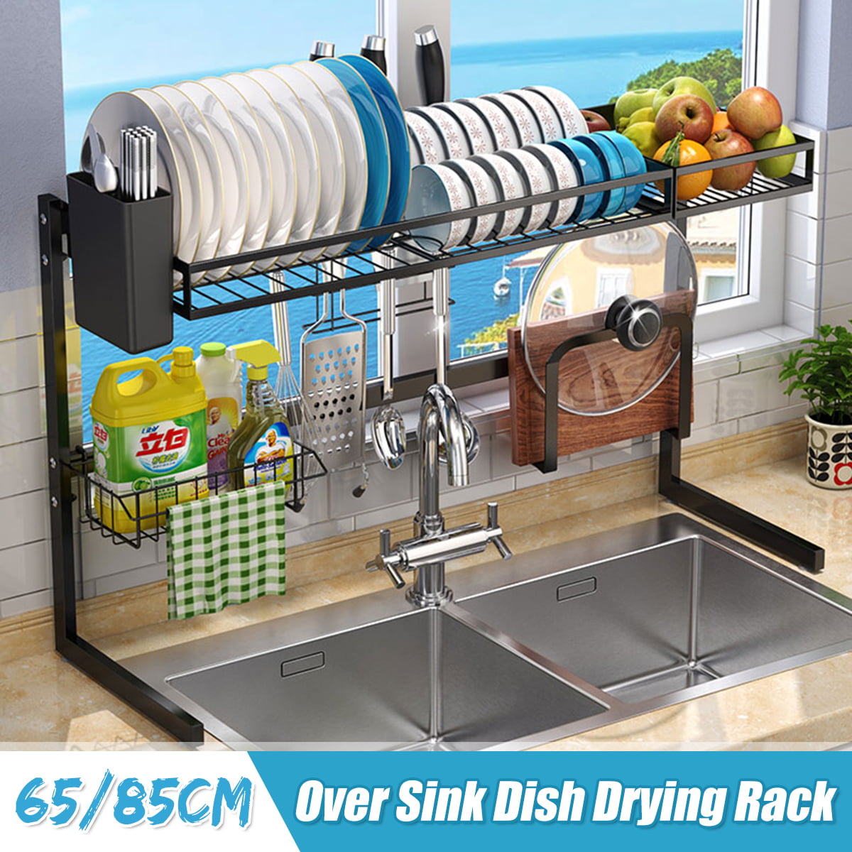 Over Sink Dish Drying Rack Drainer Shelf Stainless Steel Cutlery Holder Kitchen 