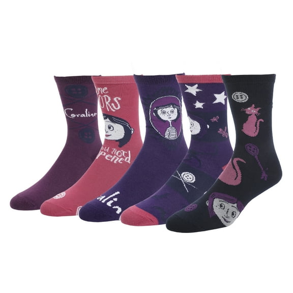 Coraline Mixed Icons Womens Casual Crew Socks 5 Pack