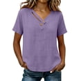 thumbnail image 2 of WHLBF Women's Tank Top V-Neck Short Sleeve Button Loose Casual Summer Cotton Linen Shirt Top Purple XXL, 2 of 8