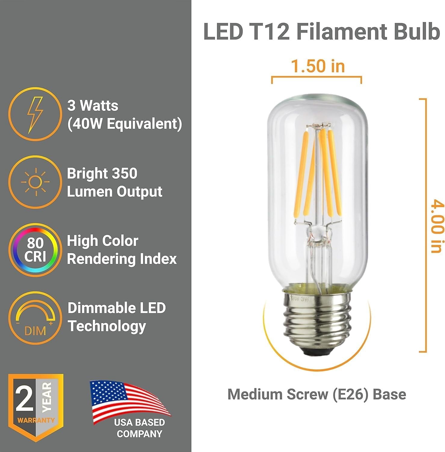 Diodesy- Pack of 4 T12/LED/FS/3W/E26/D/CL/27K/100MM LED Tubular Light Bulb, E26 Dimmable, Edison Antique Style Bulb, 3W (40W Equivalent), 350 Lumens, 2700K Warm White, Clear Glass, CRI85, ETL Listed
