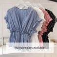 thumbnail image 4 of Camisa de mujer Cuello en V Manga corta Blusa de rayas con volantes Top casual, Azul, 3XL kenally AP001462-23, 4 of 7