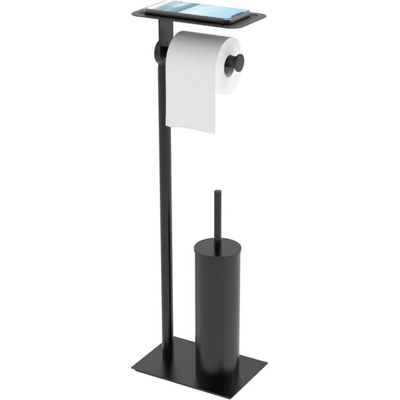 Toilet Paper Holder Stand, Free Standing Toilet Tissue Paper Roll Holder with Toilet Brush and Holder Set Phones Shelf, 304 Stainless Steel Heavy Base (Matte Black)