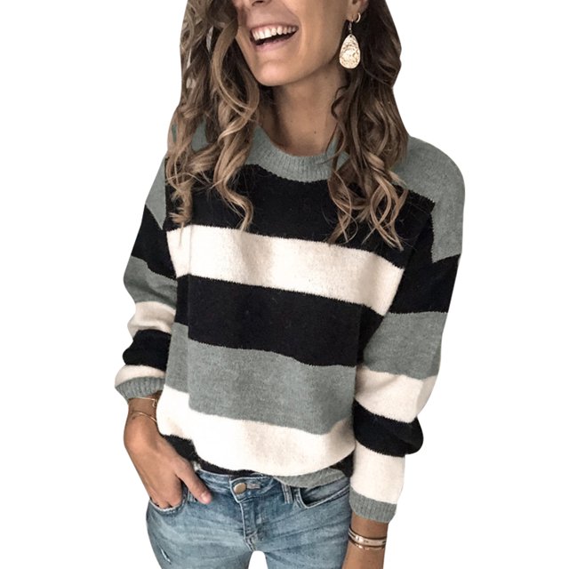 MAWCLOS Chandail à Blocs de Couleur pour Femmes, Chaud pour l'Hiver, Rayé, Gris m