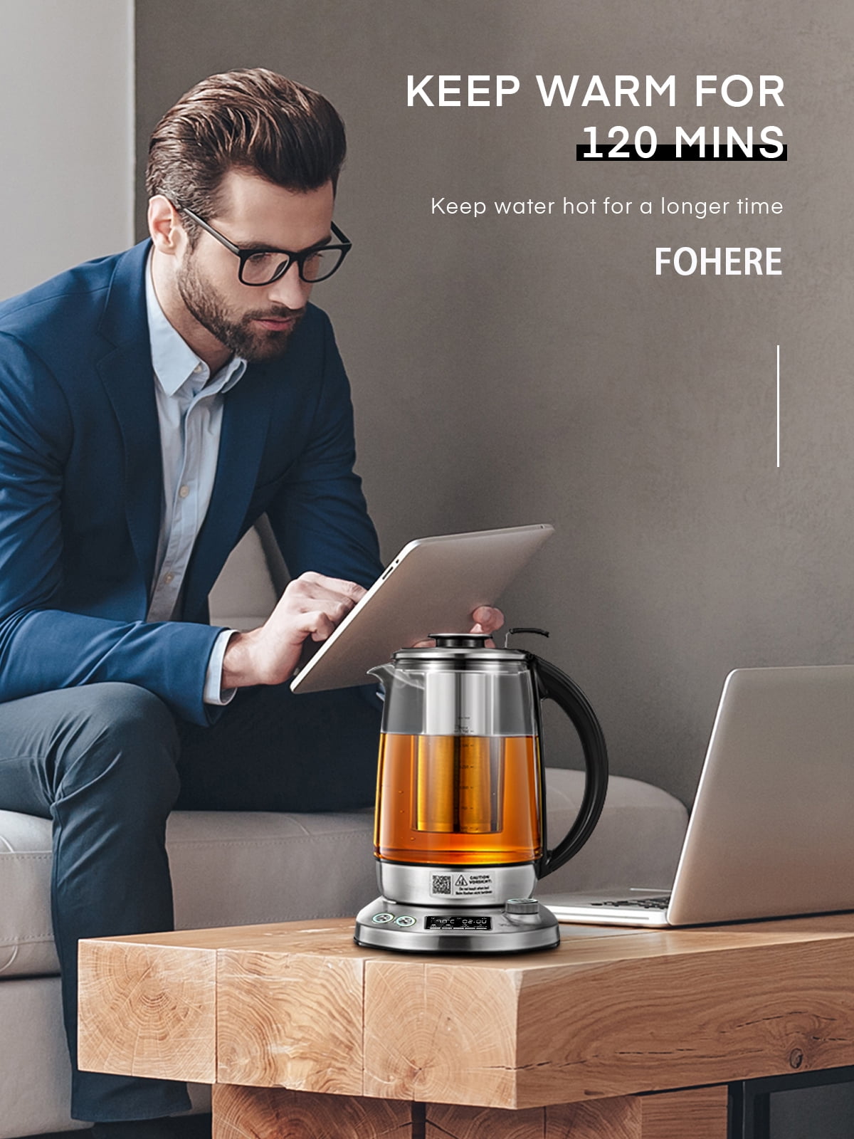 FOHERE Electric Tea Kettle, Electric Kettle Temperature Control with 9  Presets, 2Hr Keep Warm, Removable Tea Infuser,Silver Stainless Steel Glass  Boiler, BPA Free, 1.7L 