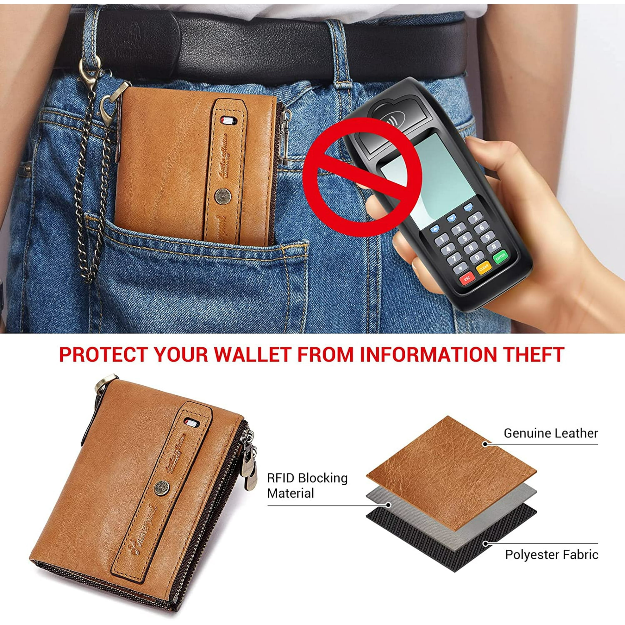 Portefeuille Homme Bifold En Cuir Véritable Avec Blocage RFID Et Chaîne - Marque REETEE - Couleur Café