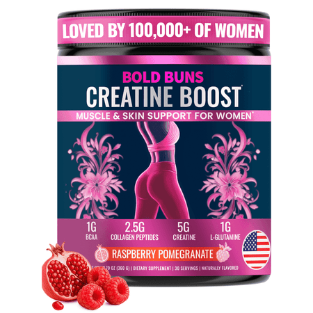 Bold Buns Creatine for Women – Supplement with Collagen & BCAA – Supports Muscle Development, Post-Workout Recovery, Skin Elasticity, Healthy Hair & Nail (30 Servings - Raspberry Pomegranate)