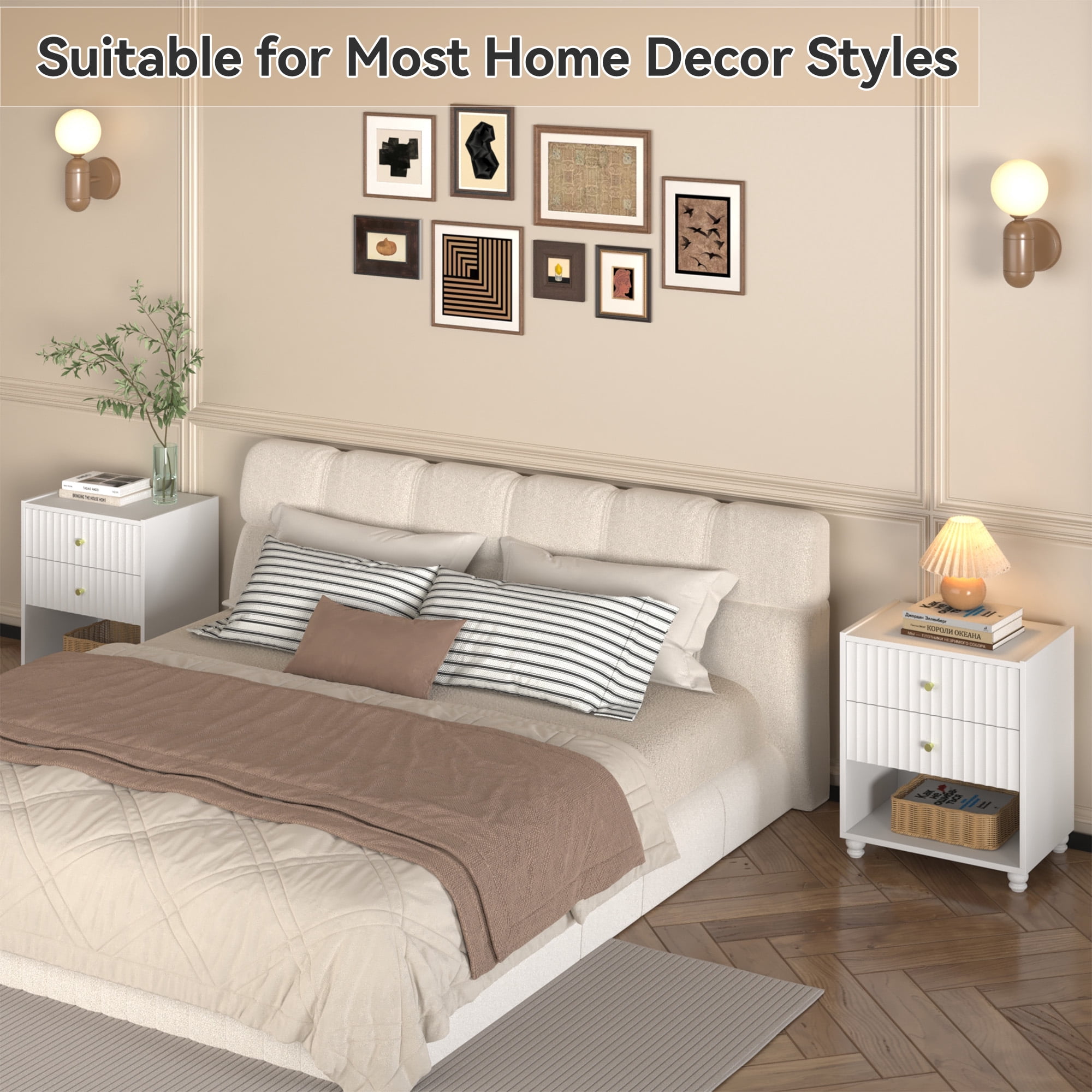 ZOSQUARE Modern Nightstand, White Fluted Bedside Table with 2 Drawers and Open Shelf, End Tables with Gold Knobs for Bedroom, Living Room